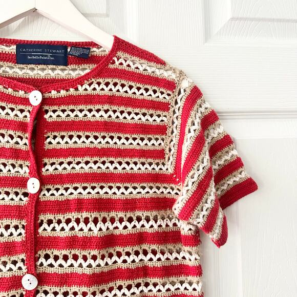 Catherine Stewart Belle Pointe Red Beige Stripe Open Hand Knit Vintage Cardigan - Picture 7 of 9